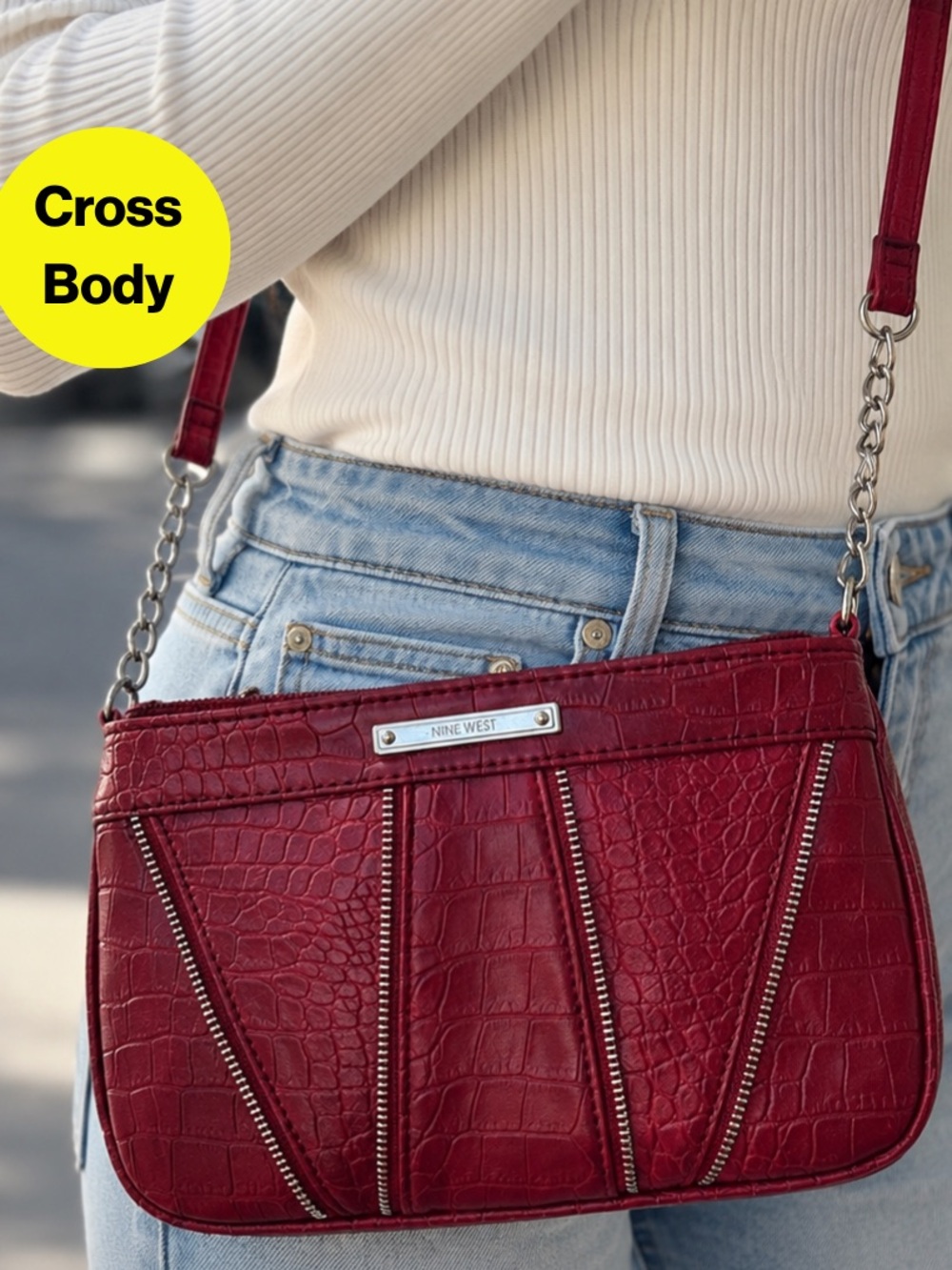 2/for $20 🪩 NINE WEST Red Croc Textured Crossbody, Chain Straps